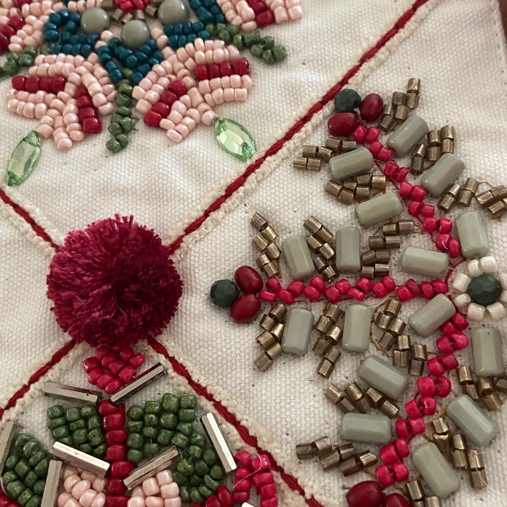 Hand Beaded Christmas Table Runner Pom Pom Trim - Picture 5 of 7